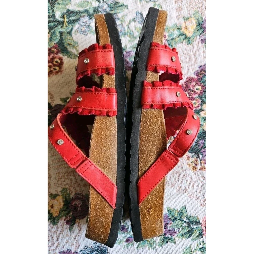 Birkenstock Betula Krystle Magenta Red Ruffle Rhinestone Studs Sandals Sz 7 38